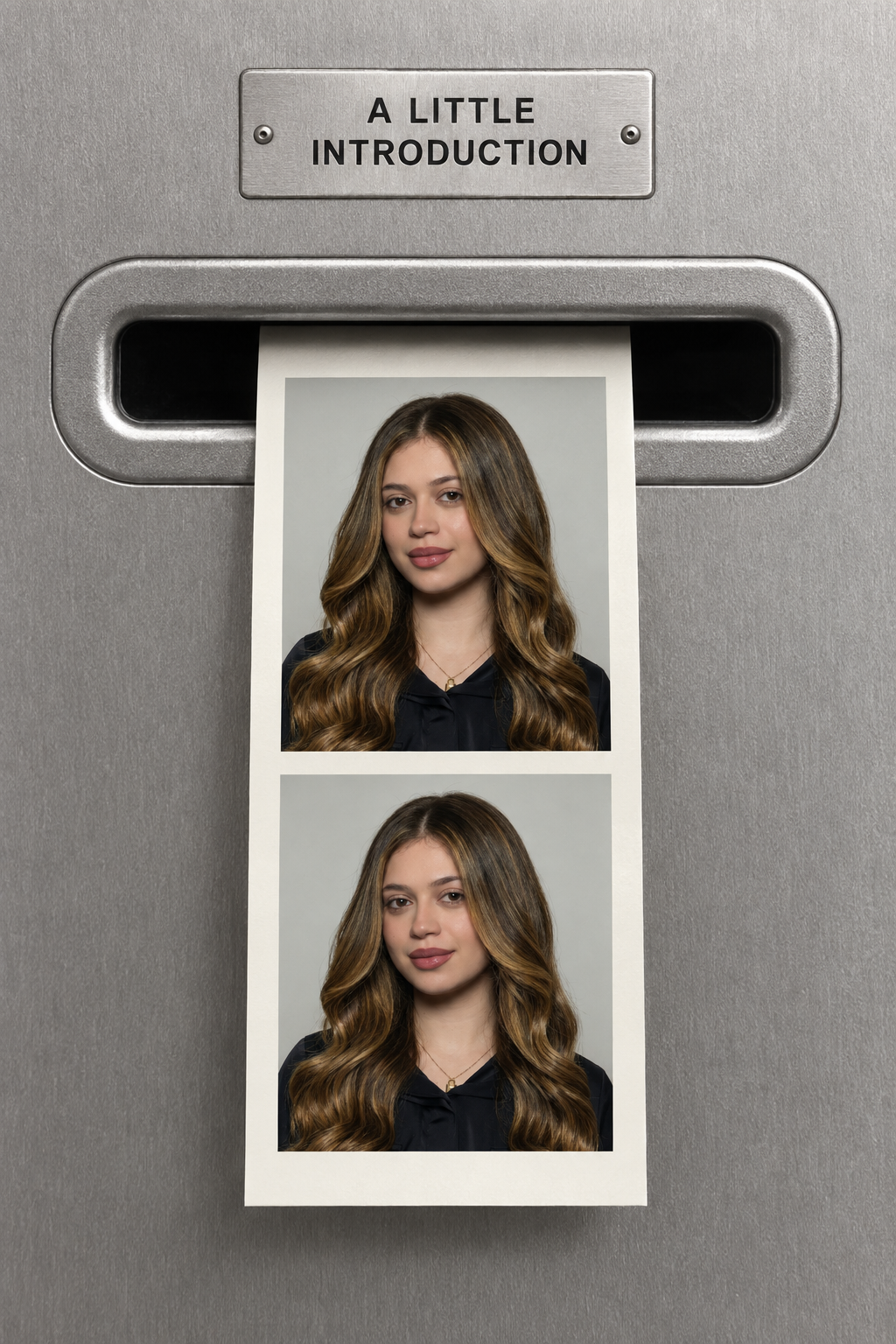 Photobooth-inspired print of Adora Ezzeddine’s portrait, emerging from a silver photo booth