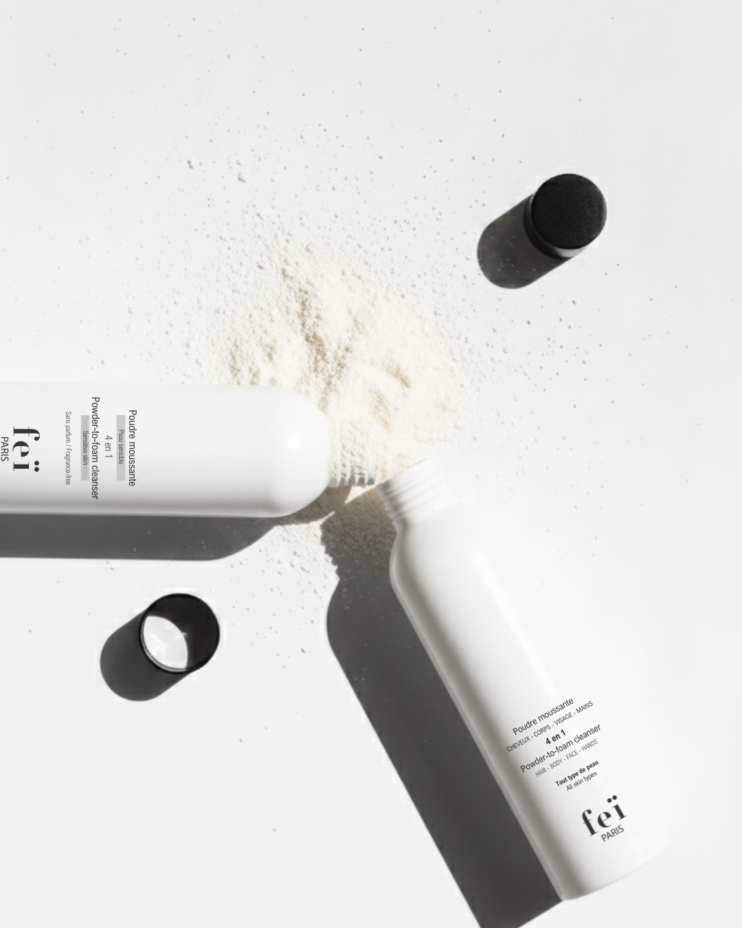 FEï cleansing powder bottles and powder texture