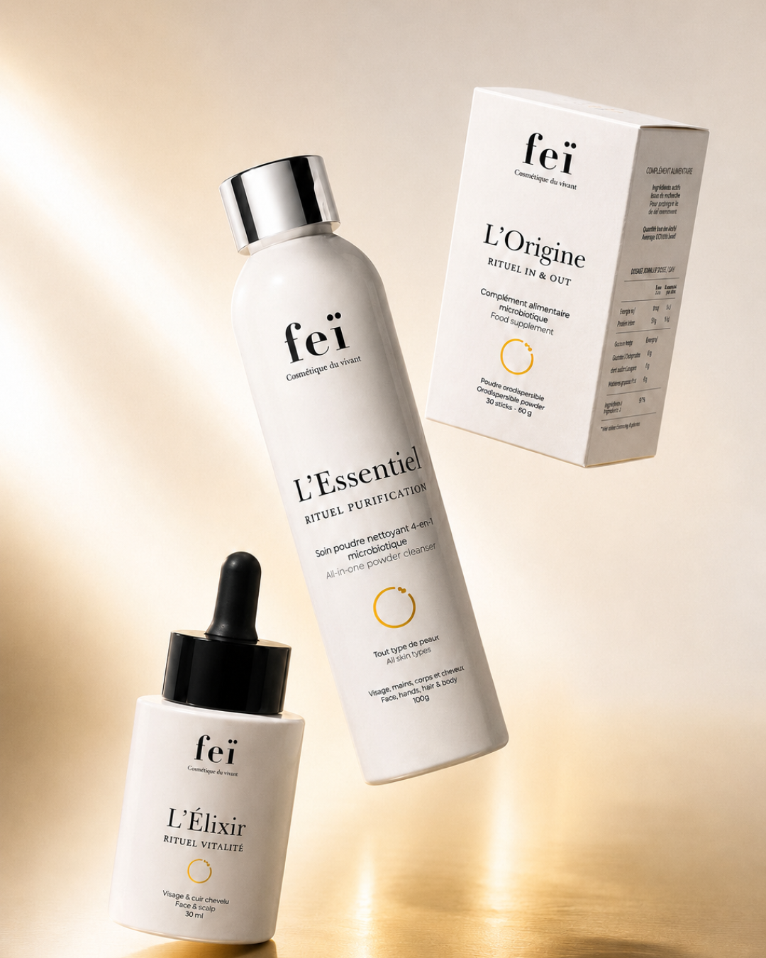 FEï refreshed product range in warm golden light