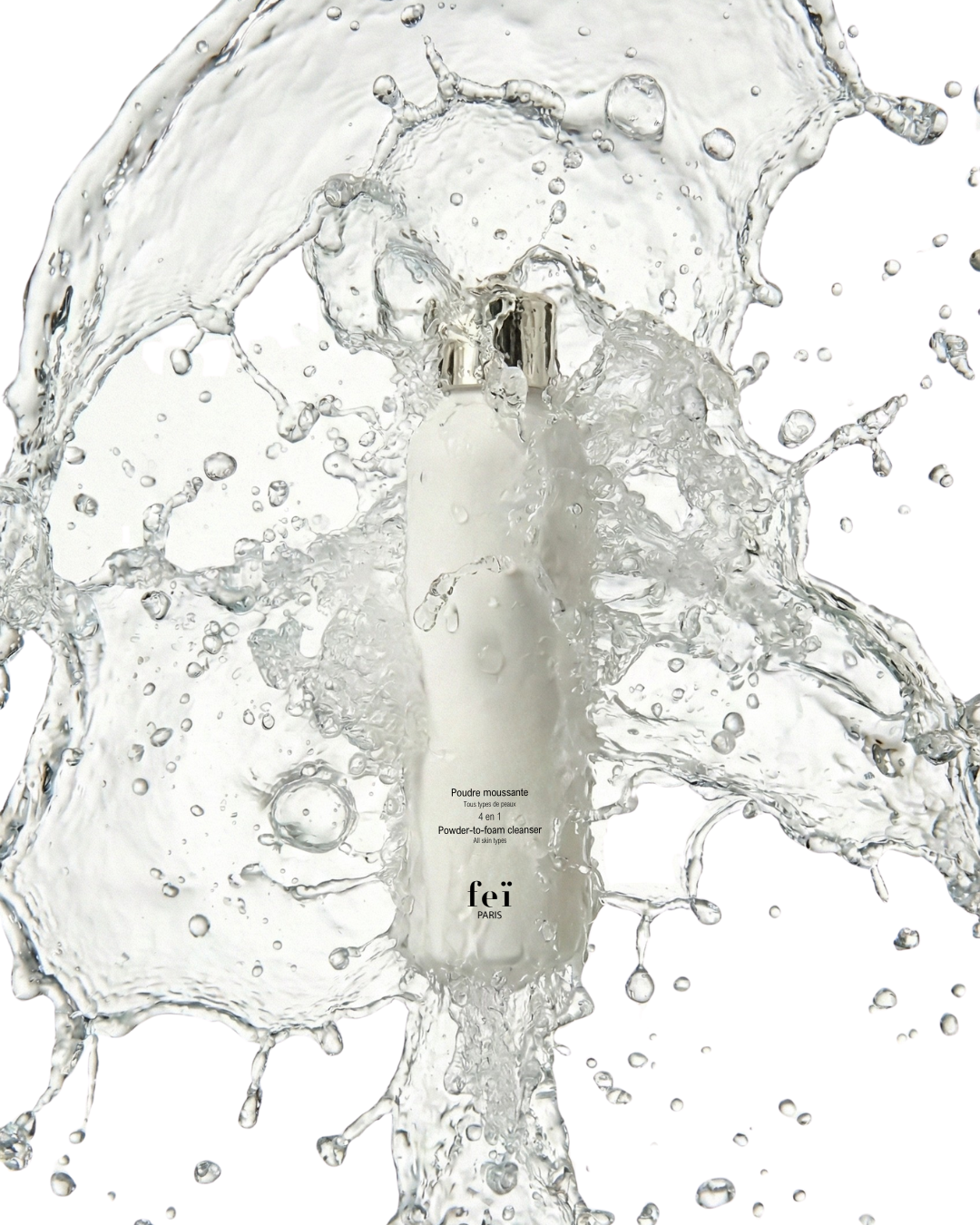 FEï cleanser surrounded by splashing water